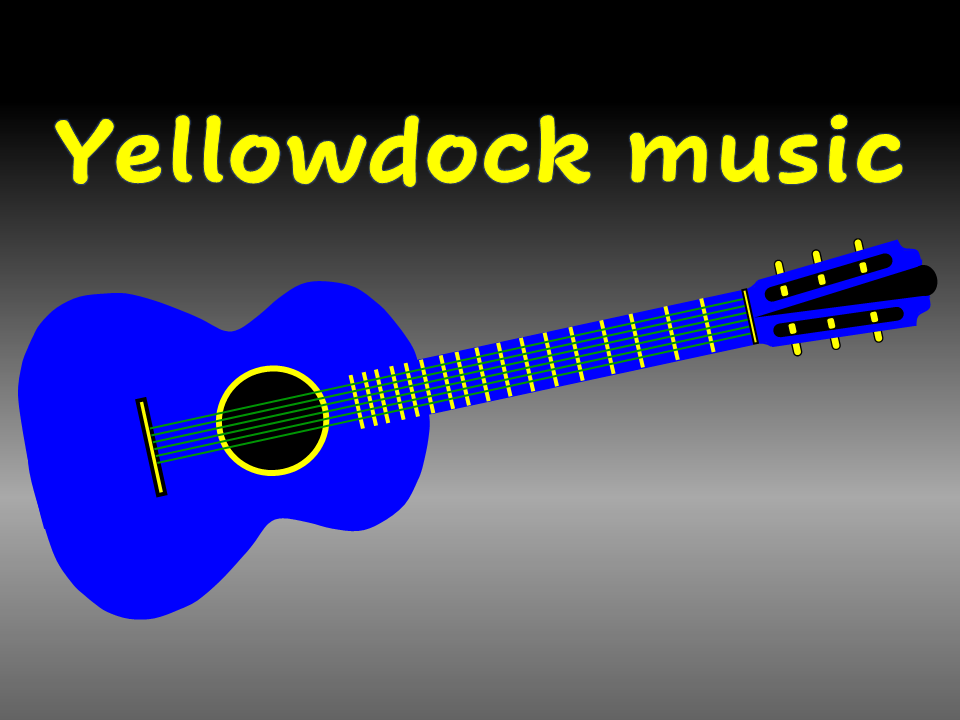 Yellowdock music electric blue guitar with yellow frets, tuning keys, and green strings
